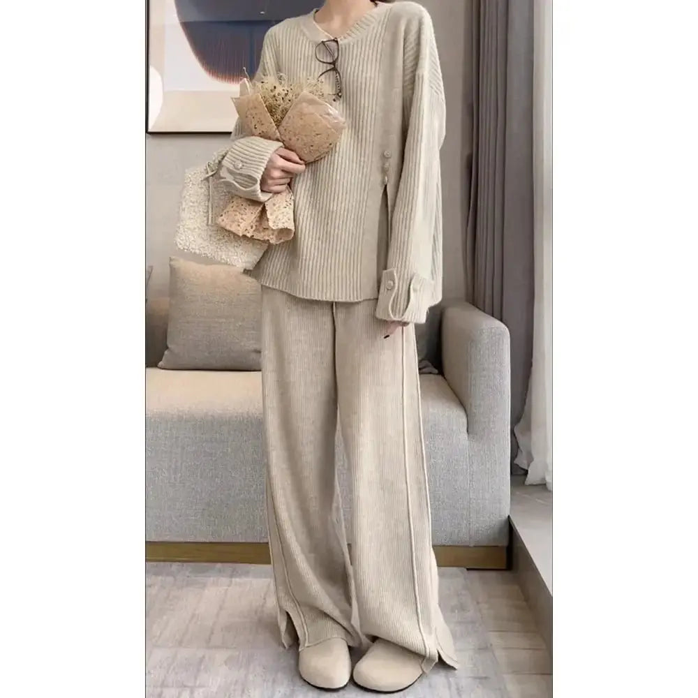 REALEFT 2024 Autumn Winter 2 Pieces Women's Sets Knitted Tracksuit Button O-Neck Split Sweater and Straight Jogging Pants Suit