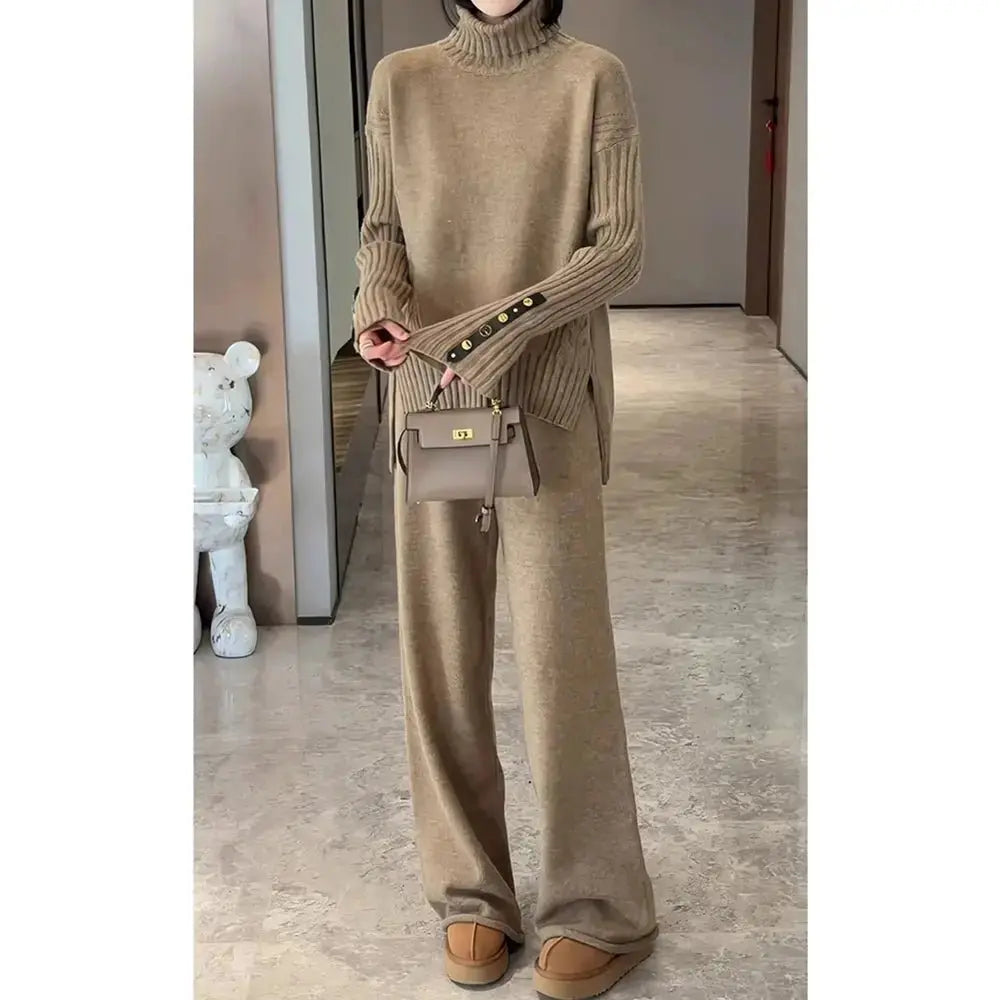 REALEFT 2024 New Autumn Winter 2 Pieces Women's Sets Knitted Tracksuit Turtleneck Split Sweater and Straight Jogging Pants Suit