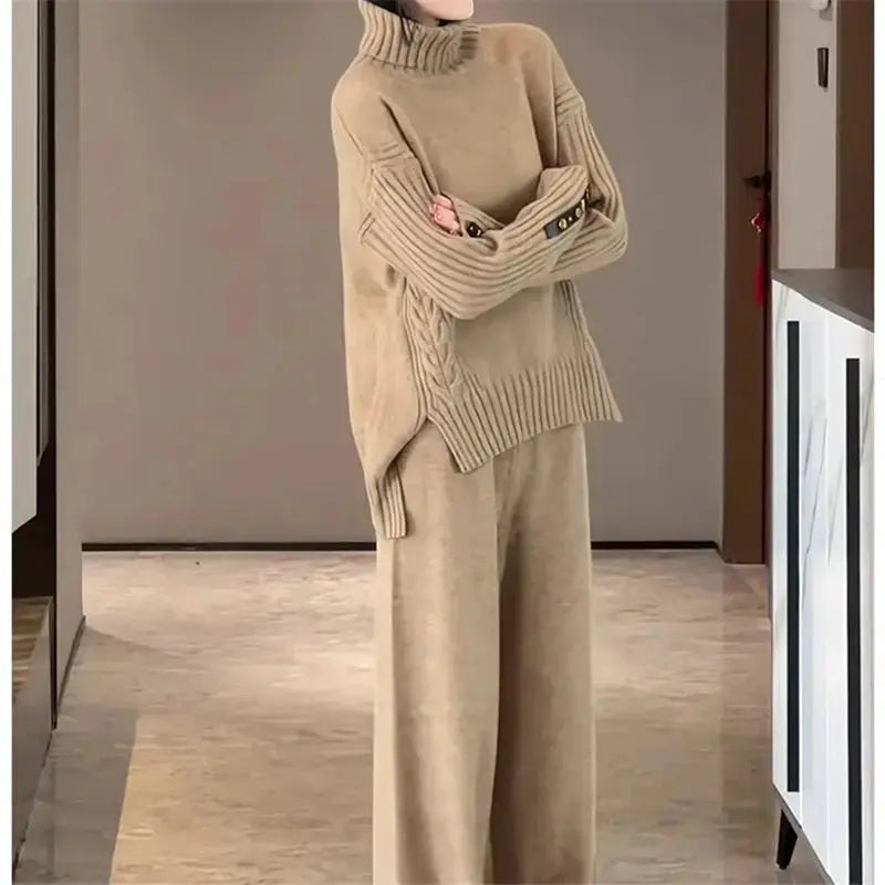 REALEFT 2024 New Autumn Winter 2 Pieces Women's Sets Knitted Tracksuit Turtleneck Split Sweater and Straight Jogging Pants Suit