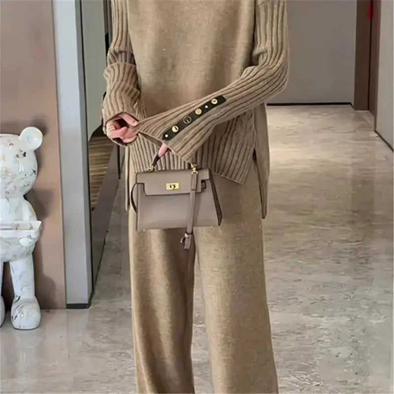 REALEFT 2024 New Autumn Winter 2 Pieces Women's Sets Knitted Tracksuit Turtleneck Split Sweater and Straight Jogging Pants Suit