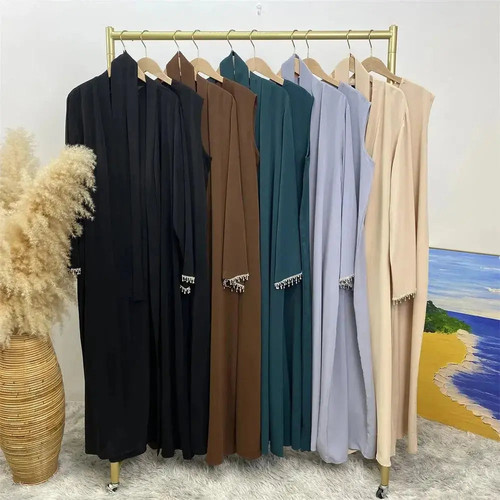 Ramadan Abaya Dubai Luxury 2 Chain Nida Turkey Modesty Robe Elegant With Pockets Muslim Sets Kimono Kaftan Islam Khimar Kebaya C