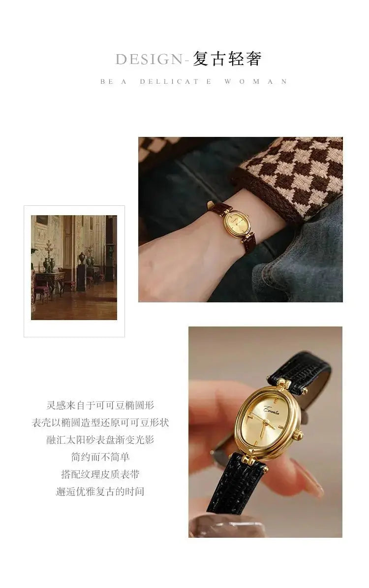 Retro Niche Design Square Rectangular Gold Dial Quartz Women's Watch Casual Brown Leather Waterproof Fashion Watch Relogio