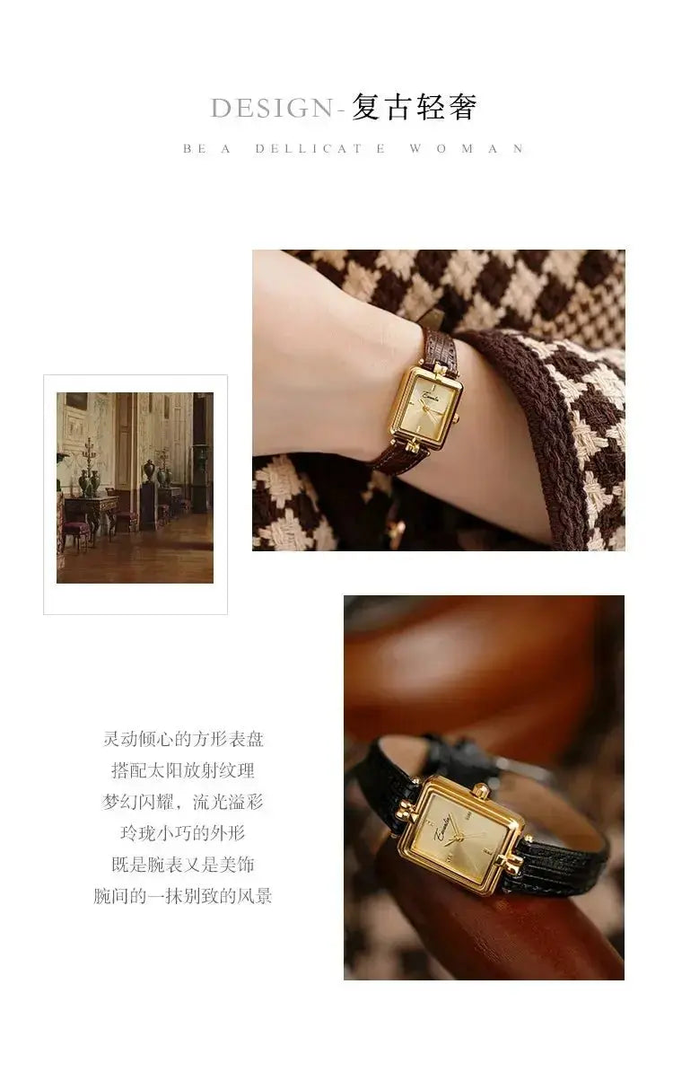 Retro Niche Design Square Rectangular Gold Dial Quartz Women's Watch Casual Brown Leather Waterproof Fashion Watch Relogio