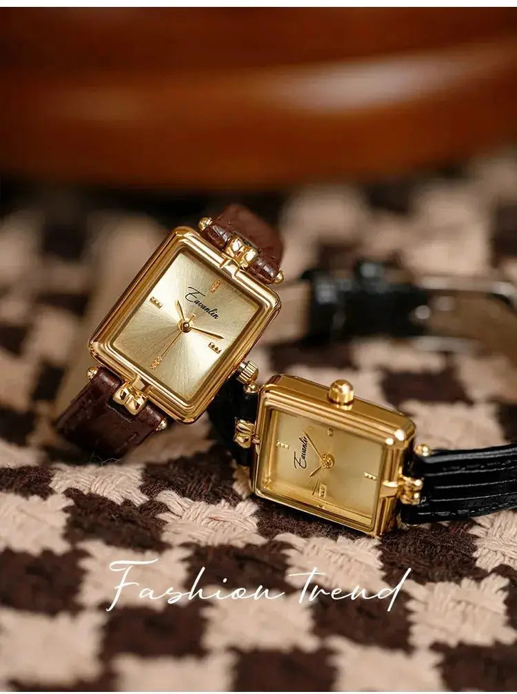 Retro Niche Design Square Rectangular Gold Dial Quartz Women's Watch Casual Brown Leather Waterproof Fashion Watch Relogio