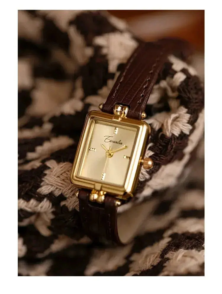 Retro Niche Design Square Rectangular Gold Dial Quartz Women's Watch Casual Brown Leather Waterproof Fashion Watch Relogio