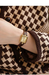 Retro Niche Design Square Rectangular Gold Dial Quartz Women's Watch Casual Brown Leather Waterproof Fashion Watch Relogio