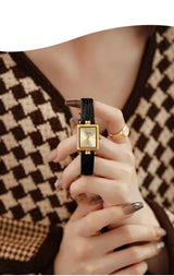 Retro Niche Design Square Rectangular Gold Dial Quartz Women's Watch Casual Brown Leather Waterproof Fashion Watch Relogio