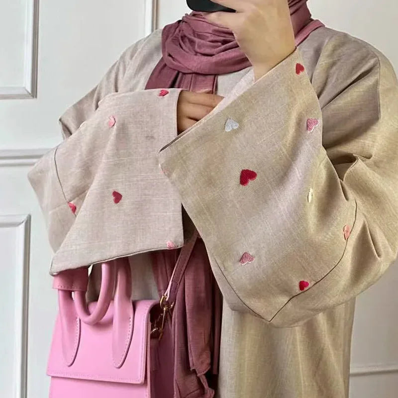 Ramadan Abaya for Women Loose Open Linen Dubai Luxury Abaya with Bat Sleeves Heart Embroidery Design Plain Kaftan no Hijab