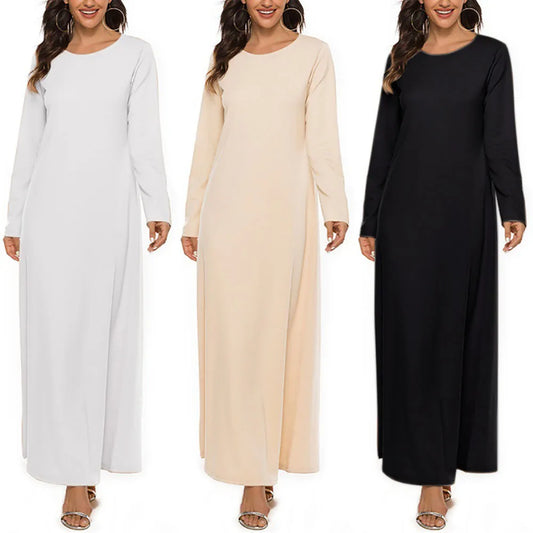 Women's Muslim Basic Liturgy  Abaya Long Sleeve Inner Cloth Round Neck Ladies Dress Middle Eastern Dubai Turkey Solid Daily Robe