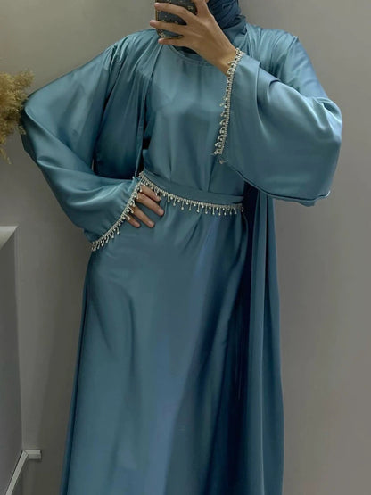 Eid Silky Satin Party Abayas Set 2 Piece Ramadan Women with 2 Diamond Chains Cardigan Robe Islamic Abaya 2024