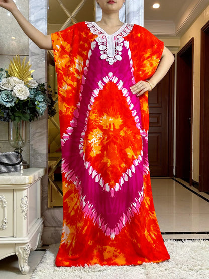 2024 New African Women Dashiki 100% Cotton Floral Dress Printed Tie-dry Short Sleeve Maxi Loose African Elegant Abaya