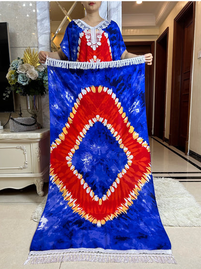 2024 New African Women Dashiki 100% Cotton Floral Dress Printed Tie-dry Short Sleeve Maxi Loose African Elegant Abaya
