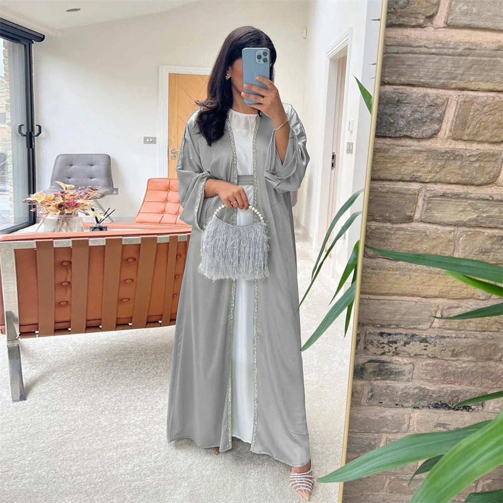 Open Abaya Arabic Long Dress Women Shiny Satin Diamonds Eid Ramadan Muslim African Dresses Islam Turkey Modest Outfit Abayas
