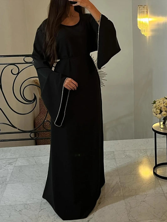 Eid Ramadan Party Dress for Women Muslim Abaya Diamond Flare Sleeve Long Dress Belt Morocco Kaftan Vestidos Dubai Robe Jalabiya