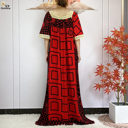 2024New Summer Dubai Fashion Party Femme Elegant Dress Printing Cotton Loose Short Sleeve Maxi Islam Women African Abaya Clothes