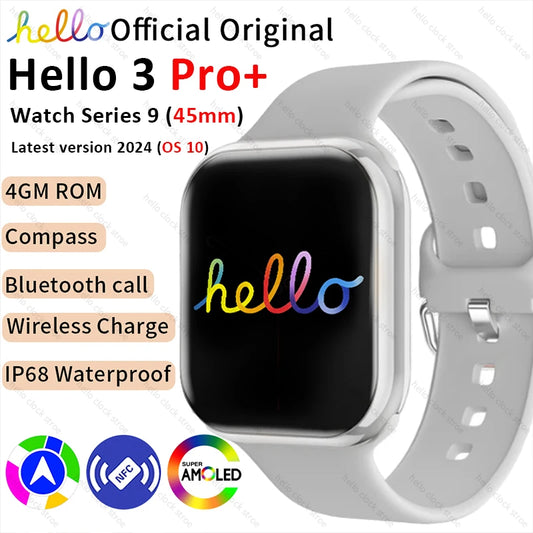 New Hello Smart Watch 3 Pro Plus 45mm Series 9 AMOLED 4G ROM NFC Compass Clock Bluetooth Call Smartwatch 2024 Men Women For IOS