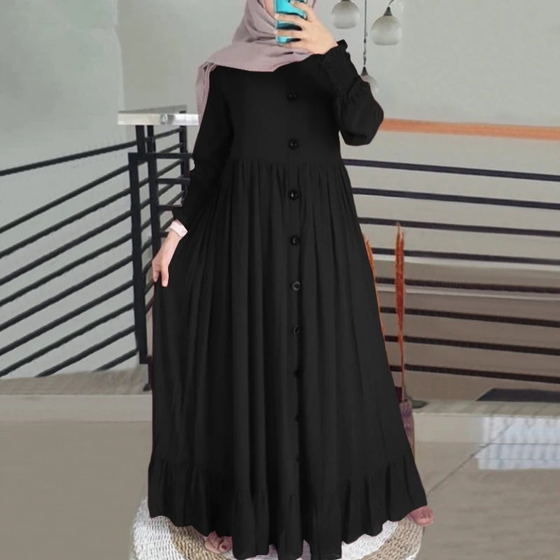 2024 New Islam Abaya Dress Cotton and Hemp Art Retro Casual Robe Femme Muselmane Loose Round Neck Ruffled Women's Dress