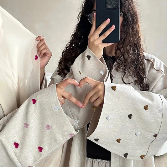 Ramadan Abaya for Women Loose Open Linen Dubai Luxury Abaya with Bat Sleeves Heart Embroidery Design Plain Kaftan no Hijab