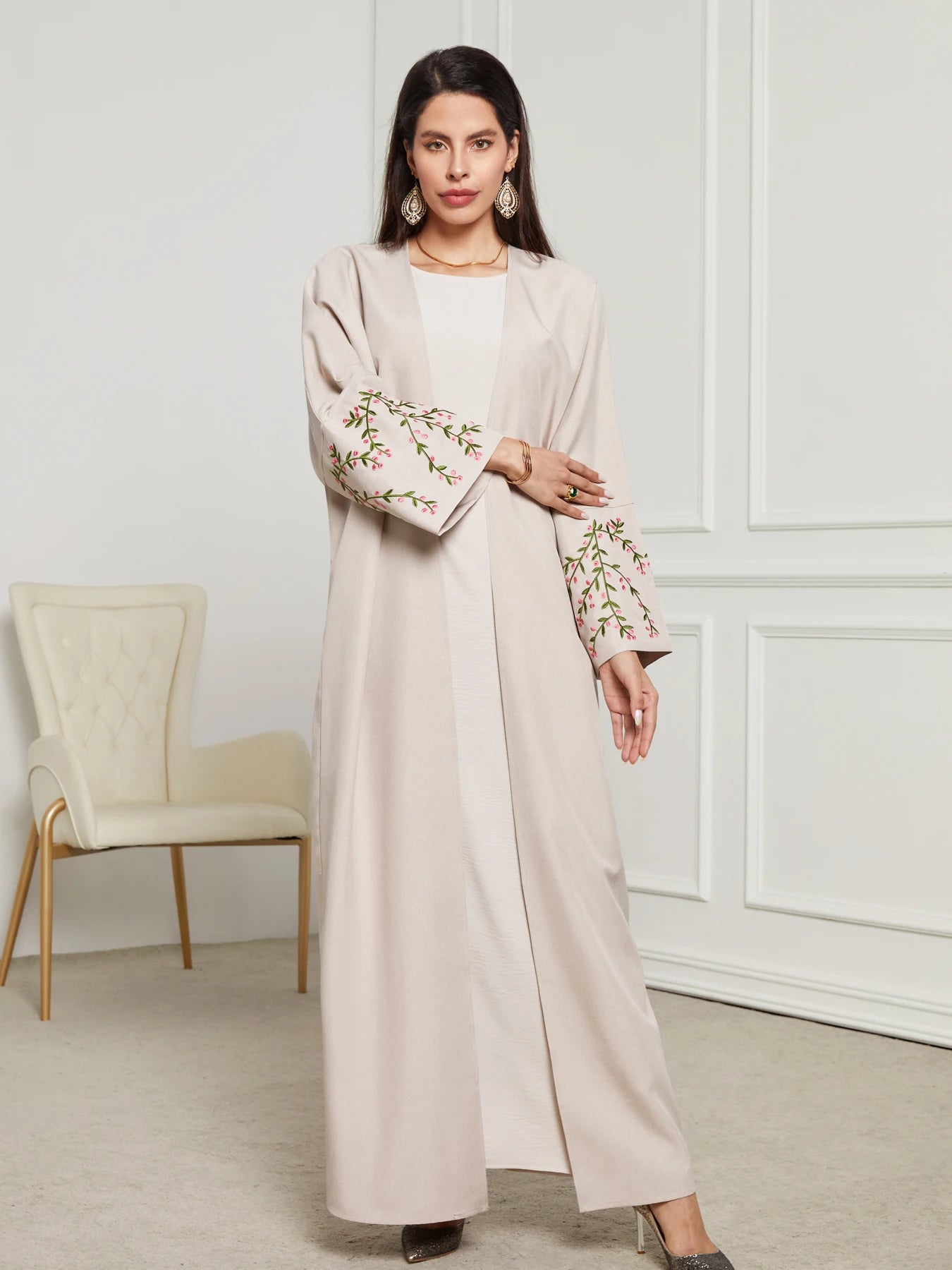 2024 New Chic Casual Open Kimono Abaya For Muslim Women Shalwar Kameez Jalabiya Embroidery Long Sleeve African Moroccan Robe