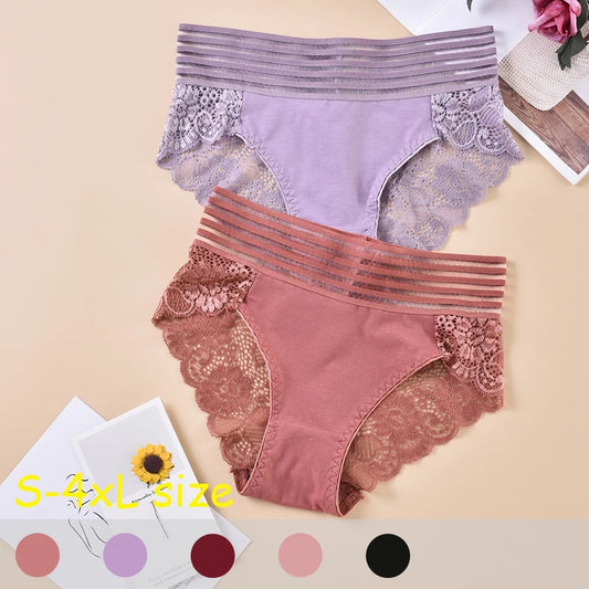 S-4XL Sexy Cool Lace Transparent Women Underwear Mid Waist Embroidered Temptation Panties Breathable Hollow Comfortable Lingerie
