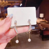 Shiny Zircon Ribbon Tassel Drop Earrings For Women Korean Style Pearl Earrings Inlaid Zircon Bow Earrings Rhinestone Ear Jewelry