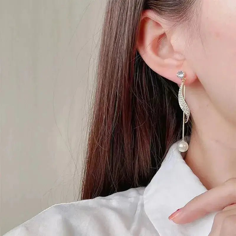 Shiny Zircon Ribbon Tassel Drop Earrings For Women Korean Style Pearl Earrings Inlaid Zircon Bow Earrings Rhinestone Ear Jewelry