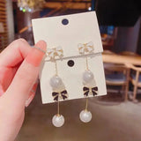 Shiny Zircon Ribbon Tassel Drop Earrings For Women Korean Style Pearl Earrings Inlaid Zircon Bow Earrings Rhinestone Ear Jewelry