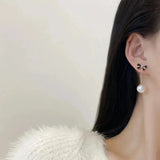 Shiny Zircon Ribbon Tassel Drop Earrings For Women Korean Style Pearl Earrings Inlaid Zircon Bow Earrings Rhinestone Ear Jewelry