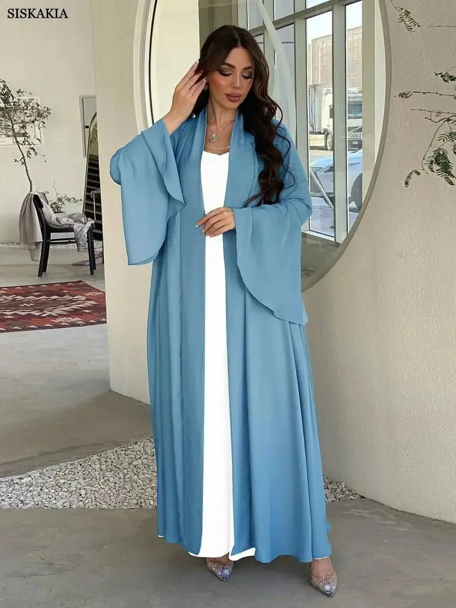 Siskakia Muslim Open Kimono Abaya For Moroccan Women Fashion Ruffle Sleeve Arab Dubai Clothing Jalabiyat Turkey Soft Gulf Robe - haalish