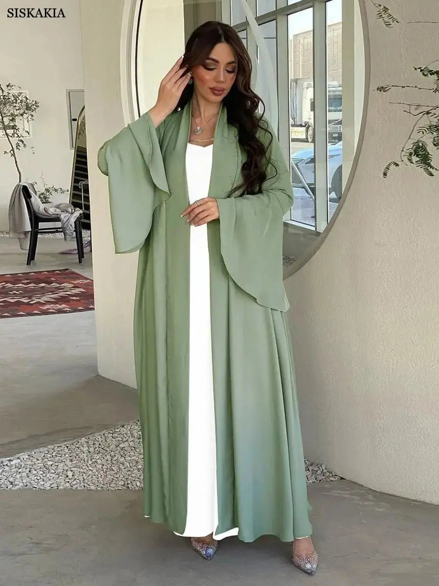 Siskakia Muslim Open Kimono Abaya For Moroccan Women Fashion Ruffle Sleeve Arab Dubai Clothing Jalabiyat Turkey Soft Gulf Robe