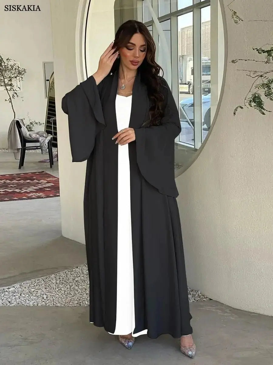 Siskakia Muslim Open Kimono Abaya For Moroccan Women Fashion Ruffle Sleeve Arab Dubai Clothing Jalabiyat Turkey Soft Gulf Robe