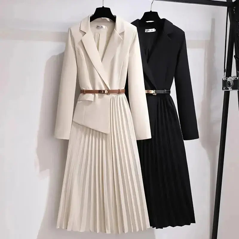 Spring Autumn Women's Dresses 2024 New Fashion Suit Collar Stitching Fake Two-Piece Elegant Lady Office Long Dress Vestidos - haalish