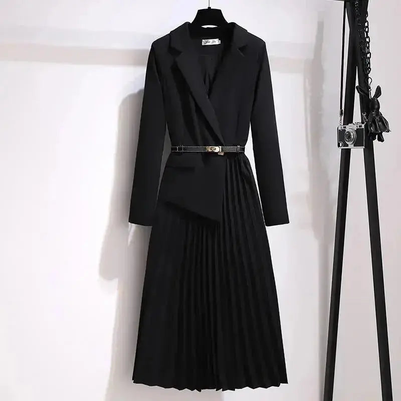 Spring Autumn Women's Dresses 2024 New Fashion Suit Collar Stitching Fake Two-Piece Elegant Lady Office Long Dress Vestidos