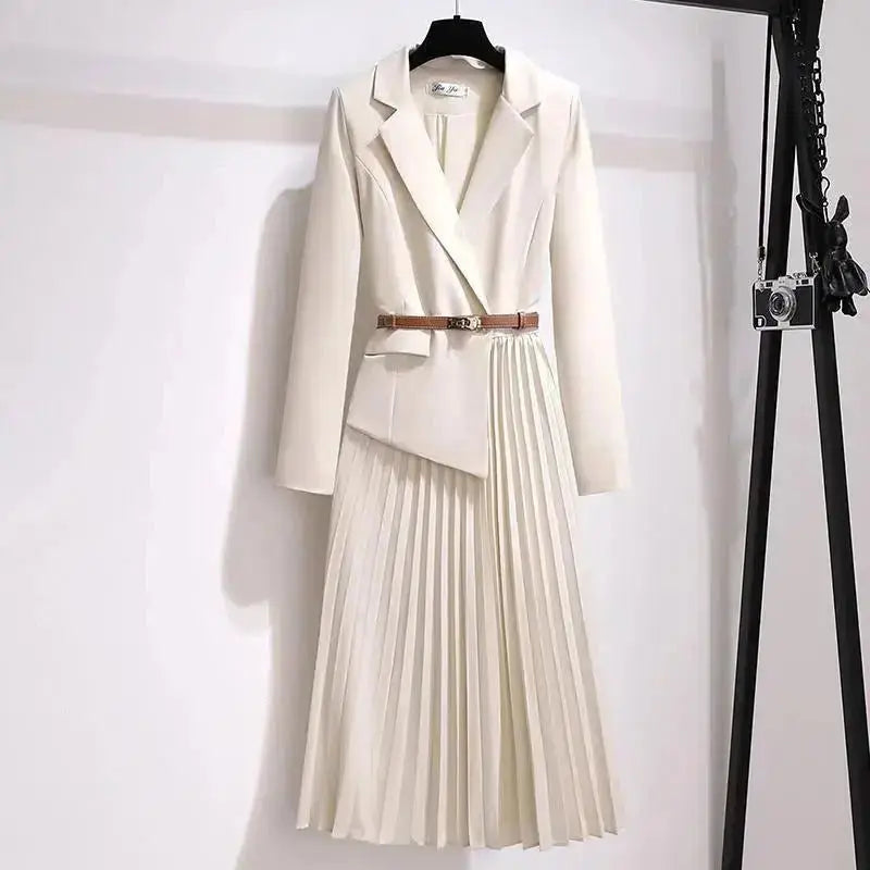 Spring Autumn Women's Dresses 2024 New Fashion Suit Collar Stitching Fake Two-Piece Elegant Lady Office Long Dress Vestidos - haalish