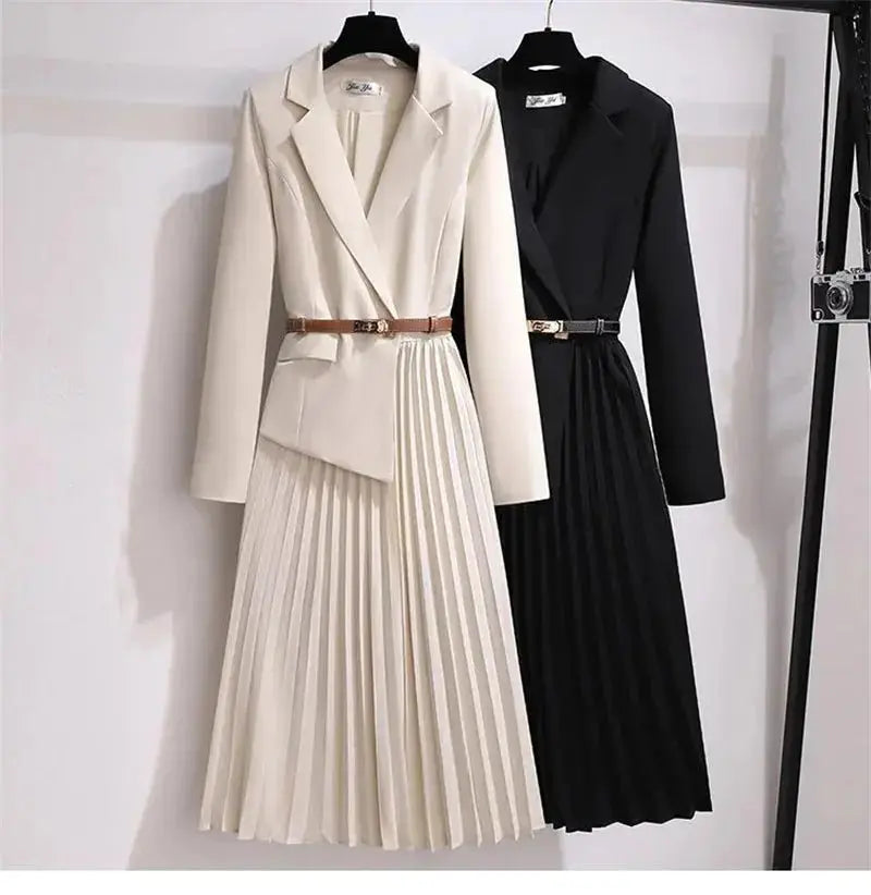 Spring Autumn Women's Dresses 2024 New Fashion Suit Collar Stitching Fake Two-Piece Elegant Lady Office Long Dress Vestidos