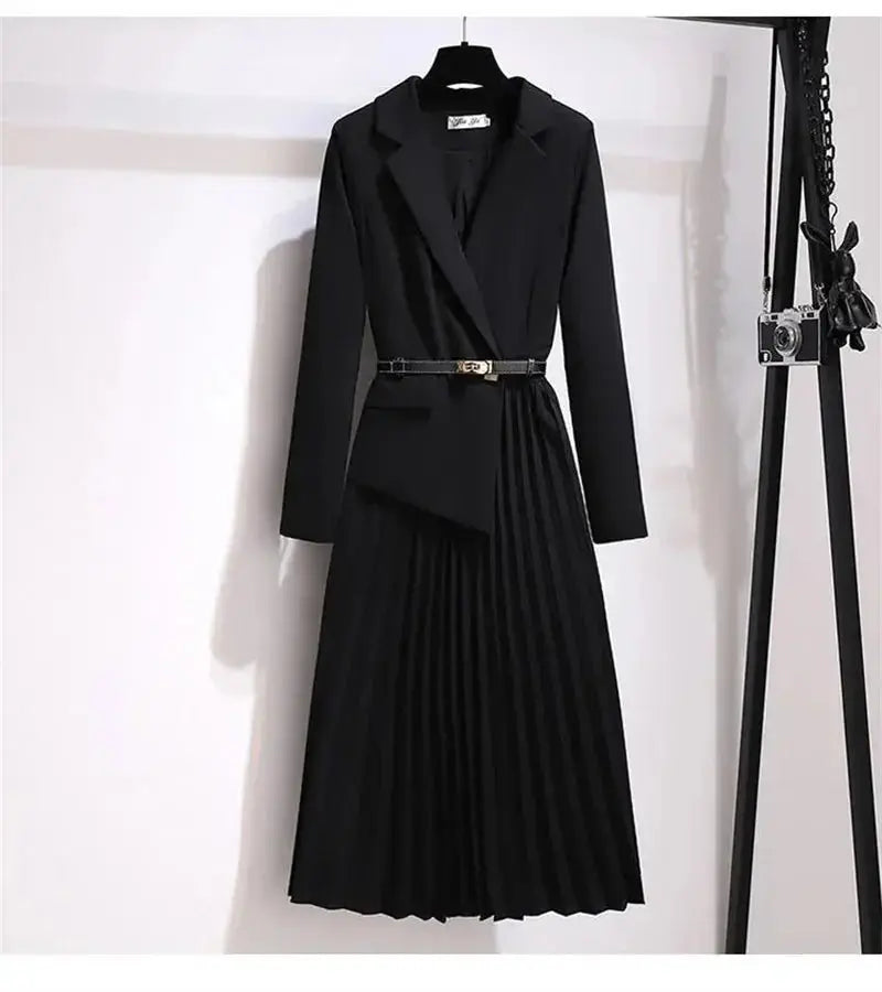 Spring Autumn Women's Dresses 2024 New Fashion Suit Collar Stitching Fake Two-Piece Elegant Lady Office Long Dress Vestidos