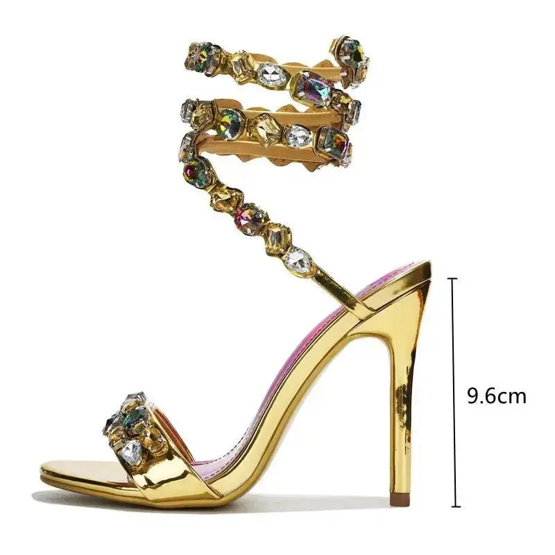 Star style Luxury Crystal Embellished Wraparound Women Sandals Stiletto High heels Gladiator Sandals Summer Wedding Prom Shoes - haalish