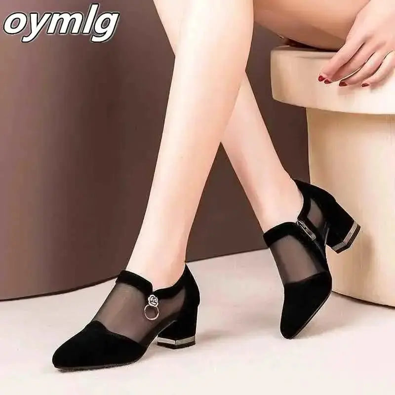 Summer Women High Heel Shoes Mesh Breathable Pumps Zip Pointed Toe Thick Heels Fashion Female Dress Shoes Elegant Footwear - haalish