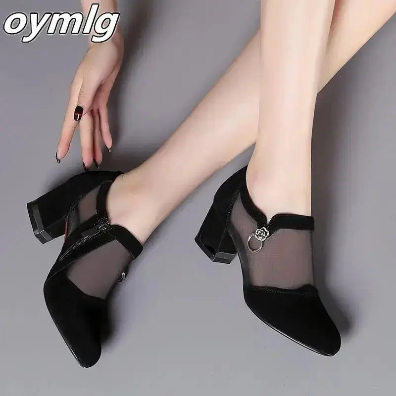 Summer Women High Heel Shoes Mesh Breathable Pumps Zip Pointed Toe Thick Heels Fashion Female Dress Shoes Elegant Footwear