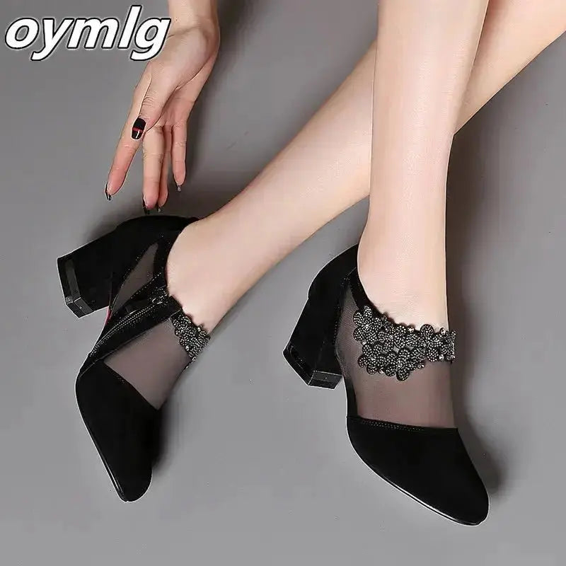 Summer Women High Heel Shoes Mesh Breathable Pumps Zip Pointed Toe Thick Heels Fashion Female Dress Shoes Elegant Footwear - haalish