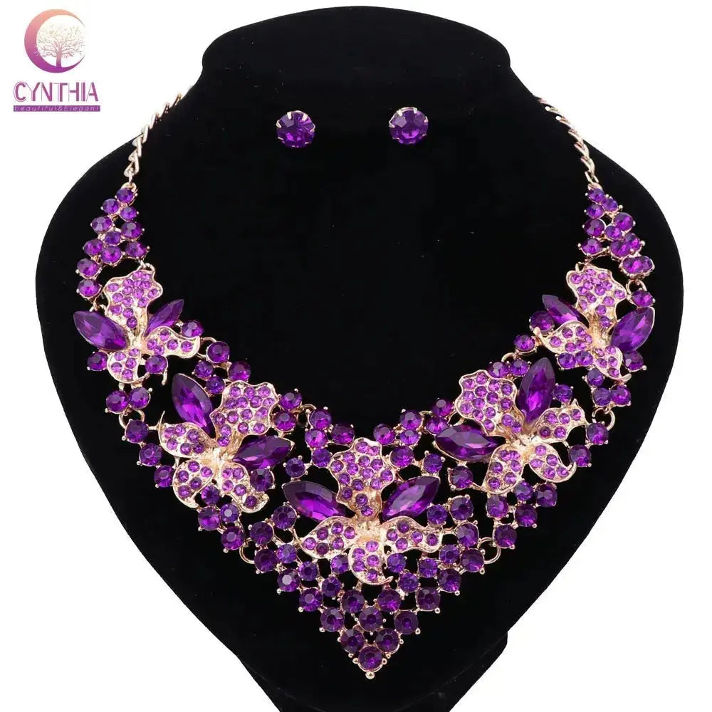 Wedding Jewelry Purple Crystal Rhinestones Flower Necklace Earrings Set for Women African Bridal Jewelry sets - haalish