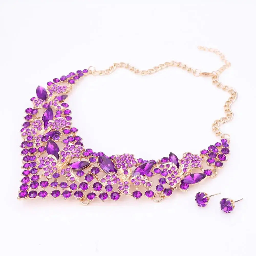 Wedding Jewelry Purple Crystal Rhinestones Flower Necklace Earrings Set for Women African Bridal Jewelry sets