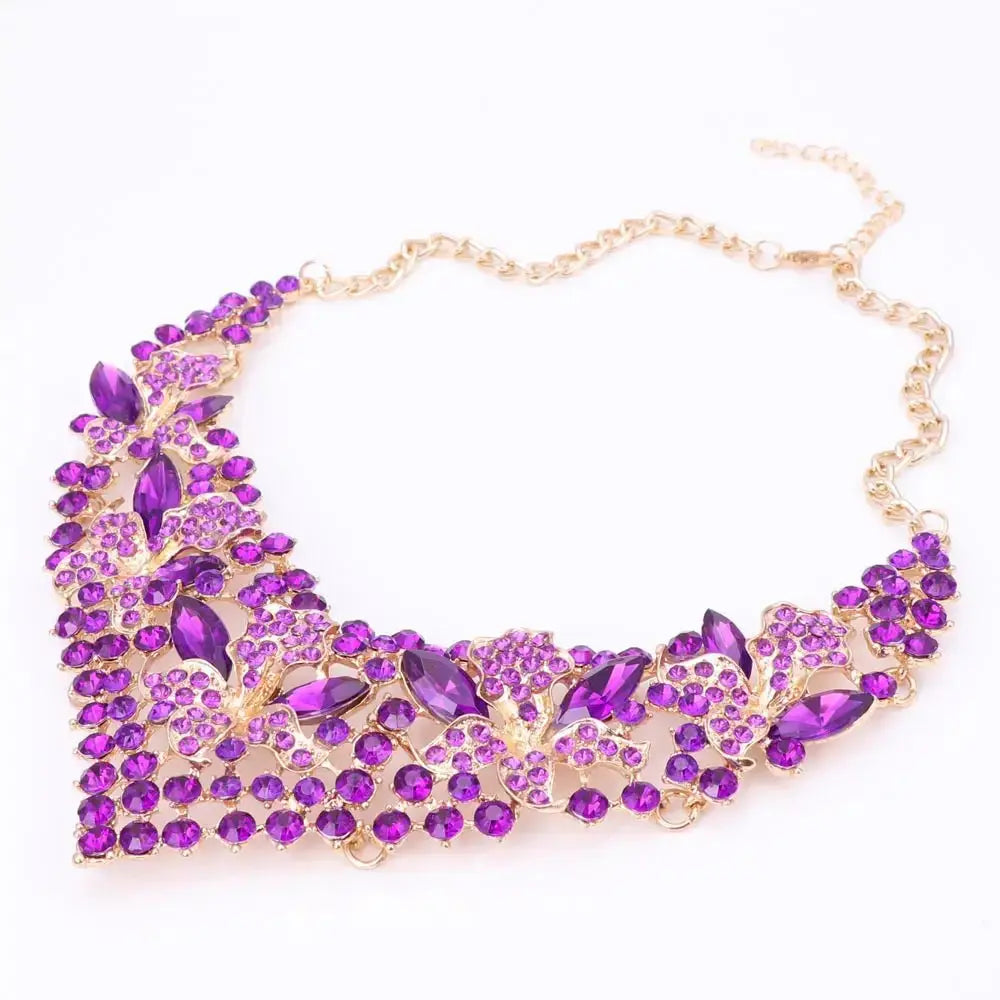 Wedding Jewelry Purple Crystal Rhinestones Flower Necklace Earrings Set for Women African Bridal Jewelry sets - haalish