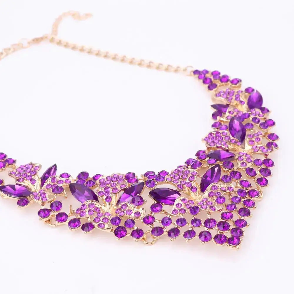 Wedding Jewelry Purple Crystal Rhinestones Flower Necklace Earrings Set for Women African Bridal Jewelry sets