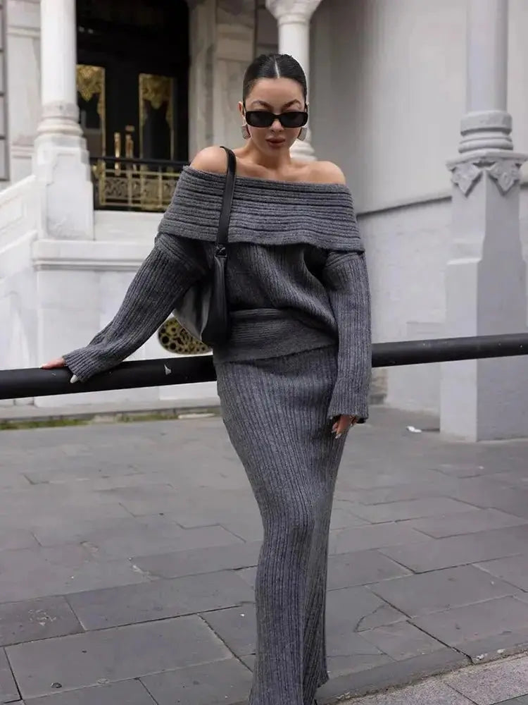 Winter Knitted Two Piece Set for Women Elegant Off Shoulder Sweater Pullover Top Slim Skirt Suit Fashion Office Ladies Outfits - haalish