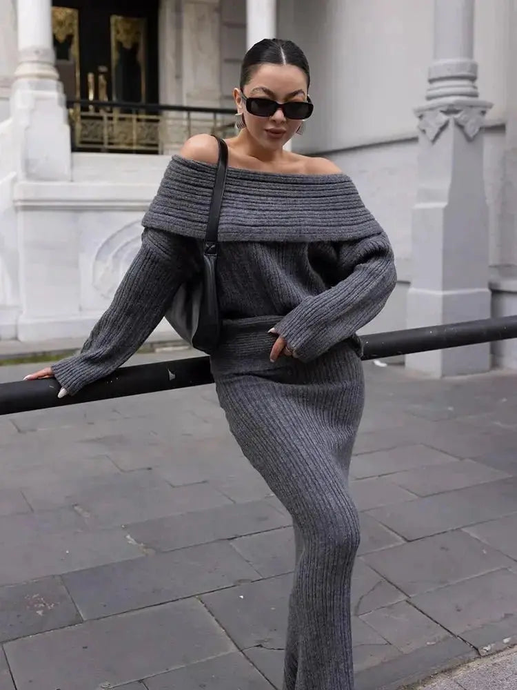 Winter Knitted Two Piece Set for Women Elegant Off Shoulder Sweater Pullover Top Slim Skirt Suit Fashion Office Ladies Outfits - haalish