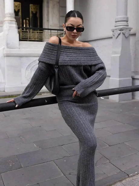 Winter Knitted Two Piece Set for Women Elegant Off Shoulder Sweater Pullover Top Slim Skirt Suit Fashion Office Ladies Outfits