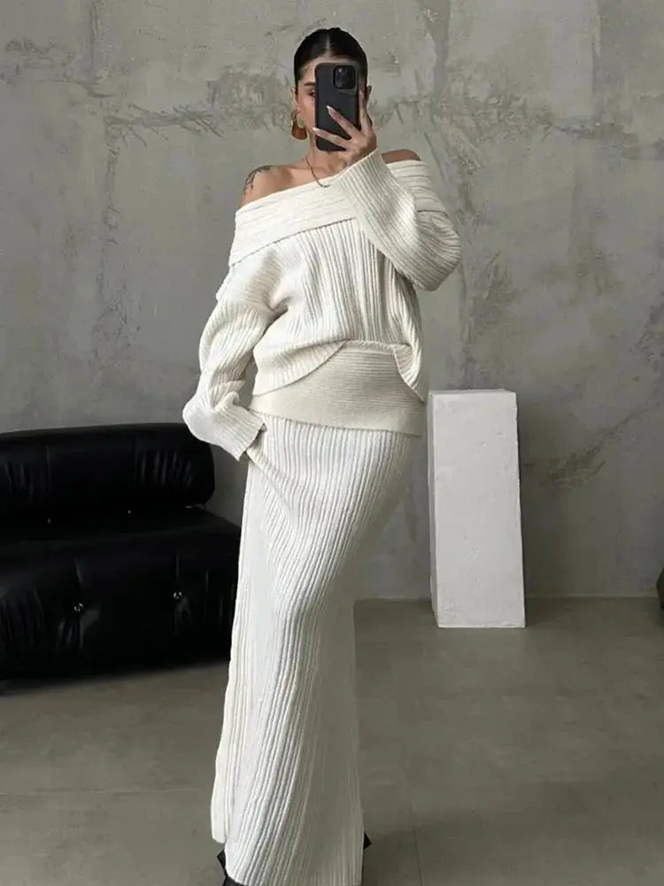 Winter Knitted Two Piece Set for Women Elegant Off Shoulder Sweater Pullover Top Slim Skirt Suit Fashion Office Ladies Outfits - haalish