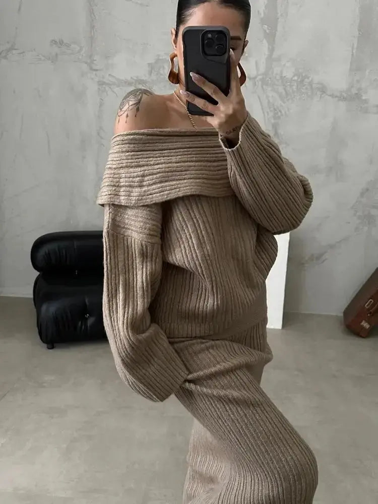 Winter Knitted Two Piece Set for Women Elegant Off Shoulder Sweater Pullover Top Slim Skirt Suit Fashion Office Ladies Outfits