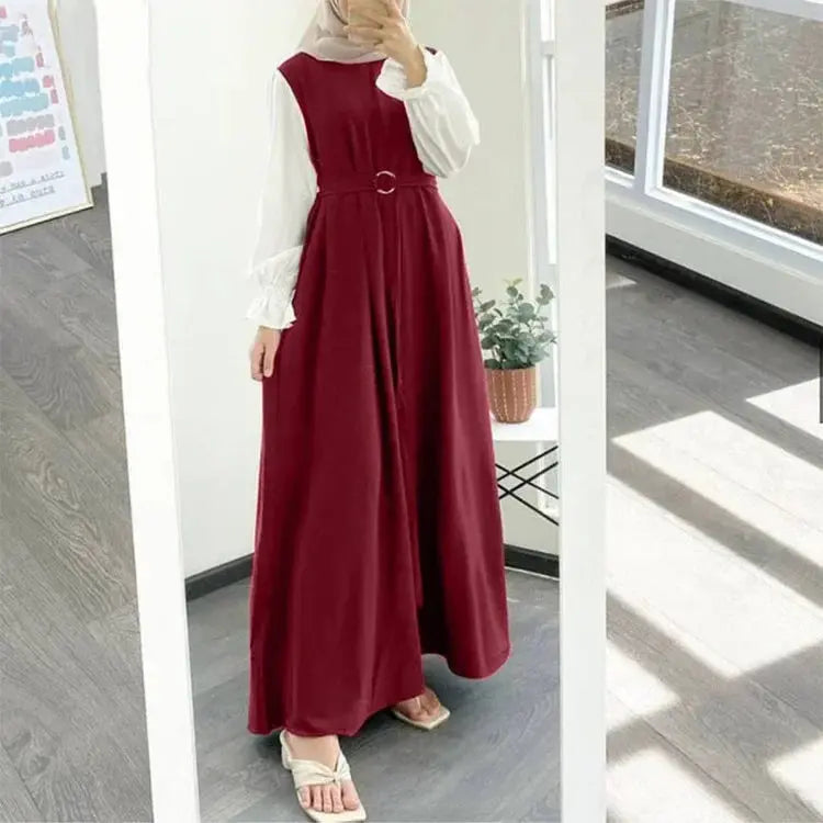 Women Eid Muslim Dress Morocco Party Dresses Patchwork Dubai Kaftan Ramadan Islam Vestidos Arab Long Sleeve Loose Abaya Belt